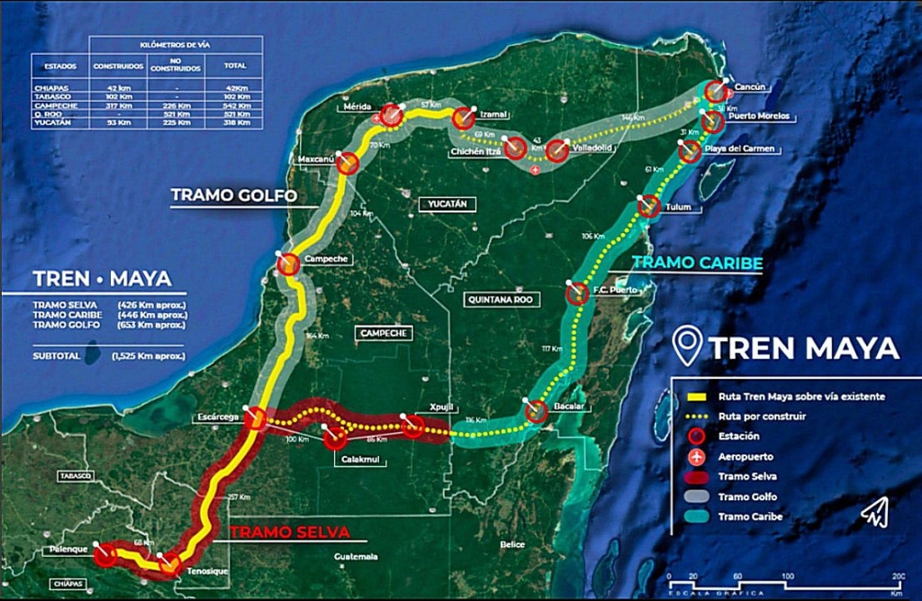 The Mexico Maya train route map. Cancun, Playa del Carmen & Tulum.